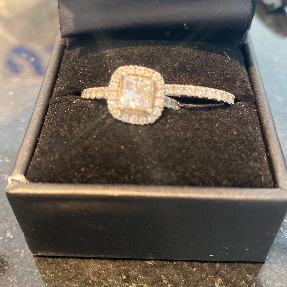 14k white gold band- 2CTW Diamond Bridal set. Princess cut with Halo with papers